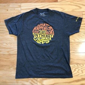 Columbia dark gray t-shirt “What Happens on the Boat”, size large